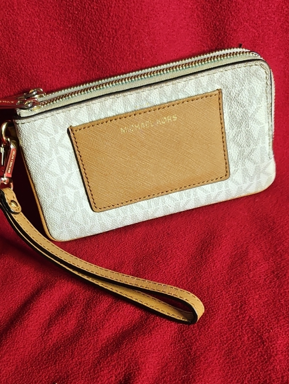 Michael Kors Cream and Tan Signature Wristlet with Gold Hardware